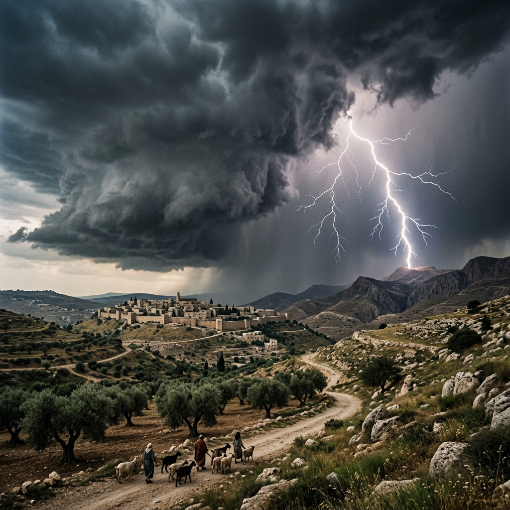 Lightning strikes beside a mountain village as shepherds lead goats along a path