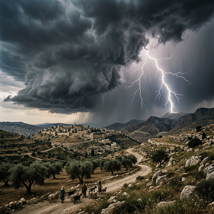 Lightning strikes beside a mountain village as shepherds lead goats along a path