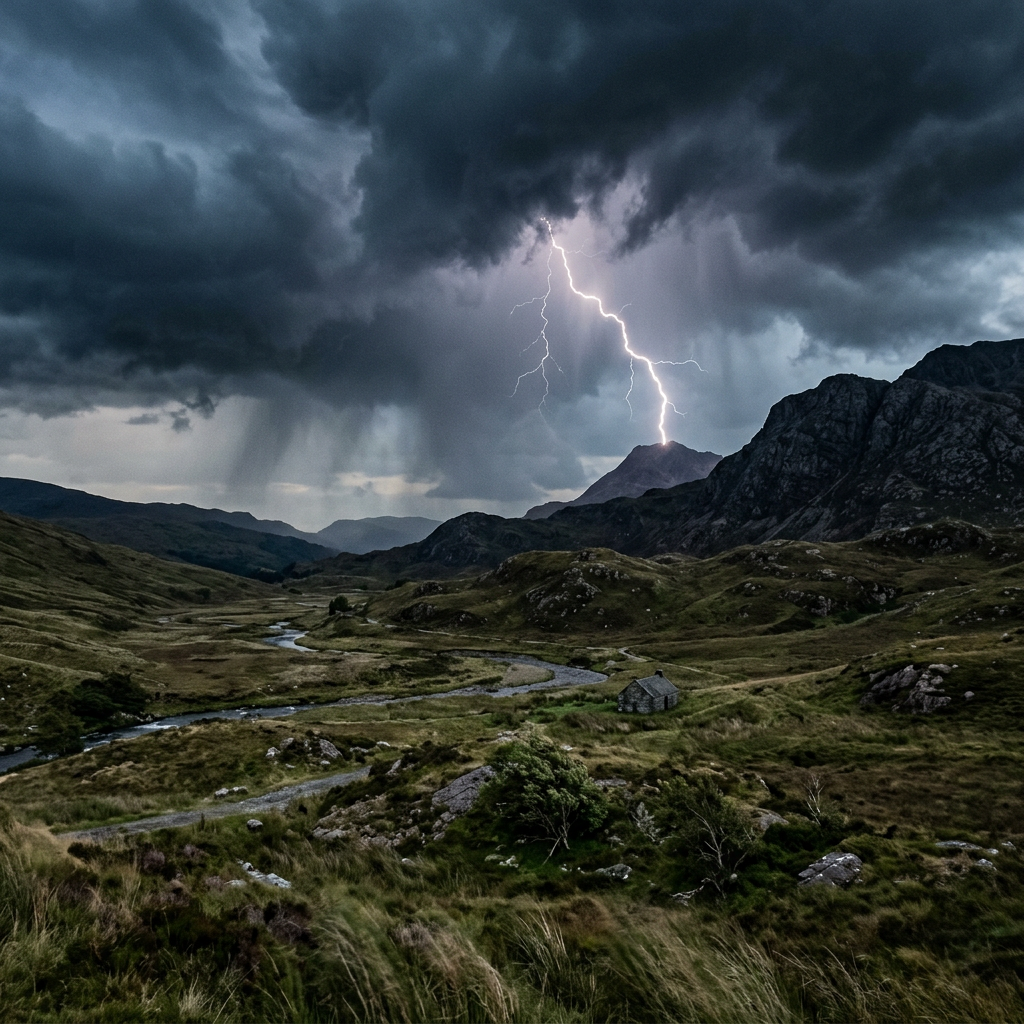 Lightning strikes a mountain peak above a winding valley stream