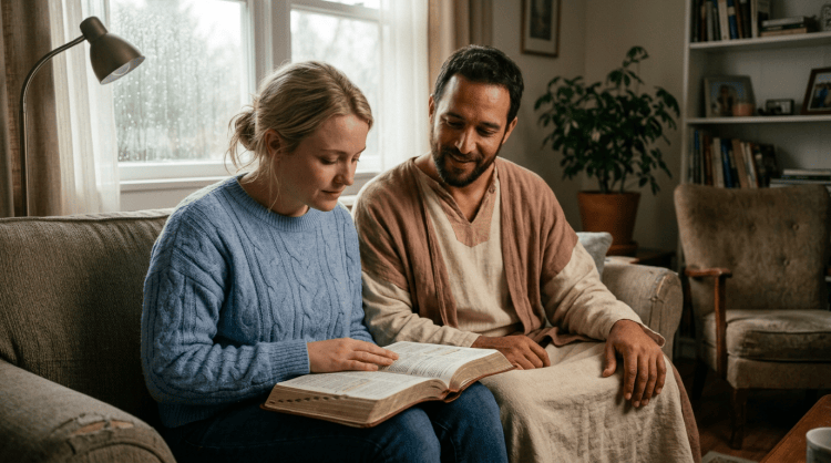 Couple reading an open book together on a living room sofa